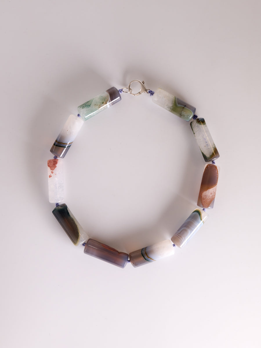 Ghost Necklace, natural phantom agate cylinder beads hand knotted on lavender silk