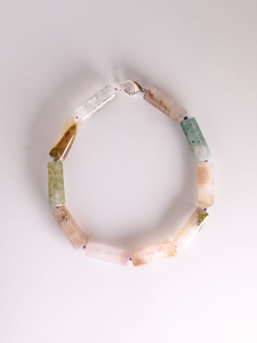 Another Ghost Necklace, natural phantom agate tube beads hand knotted on lavender silk
