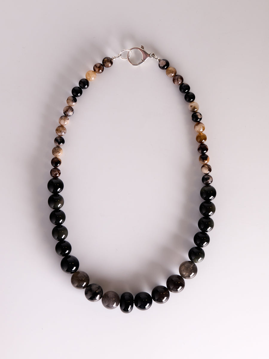 Sloe Necklace, one of a kind black gemstone necklace with cherry blossom agate, rainbow obsidian and onyx