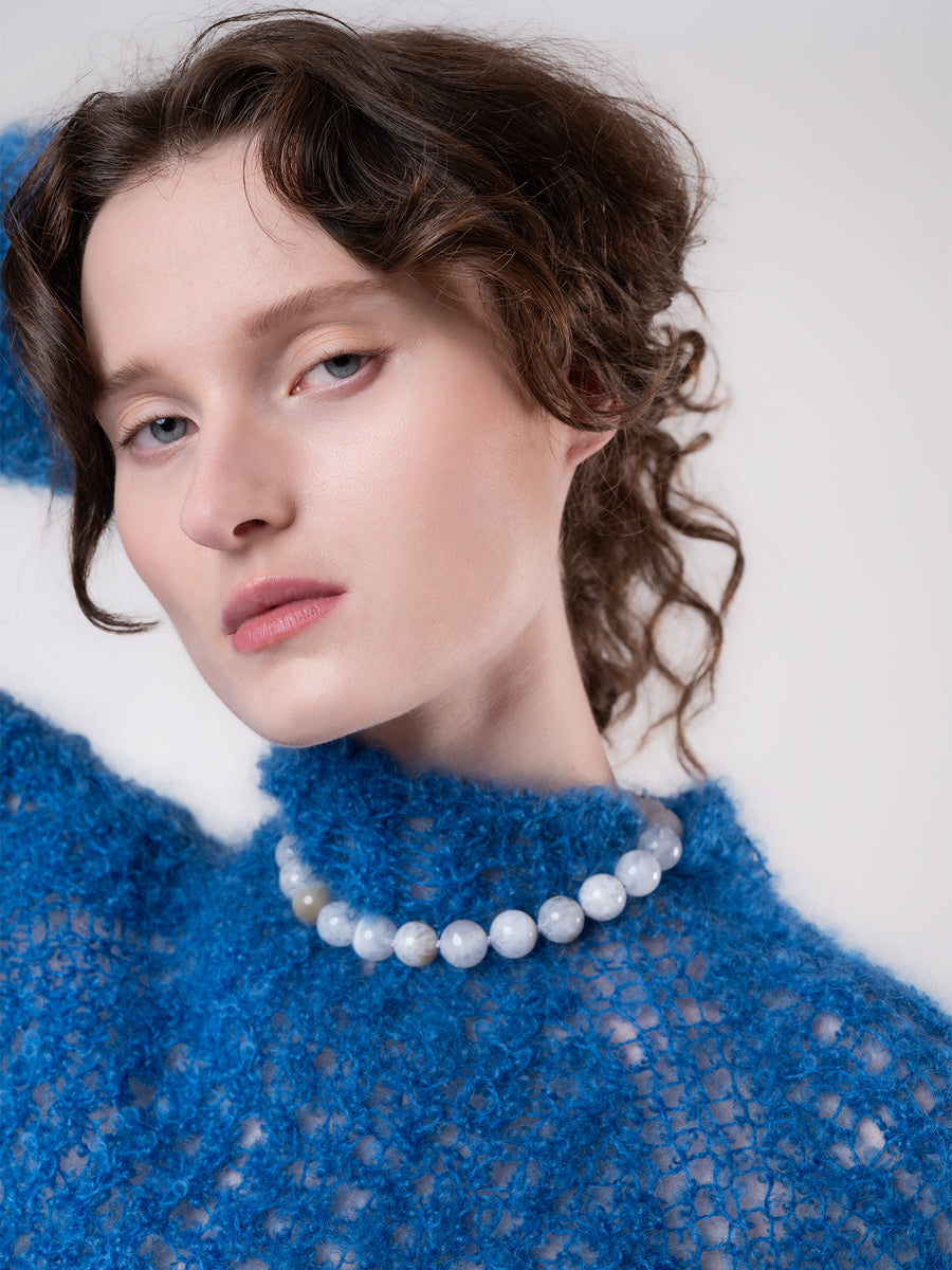 Rimo Necklace, large white agate necklace on lavender silk, handmade in Oslo