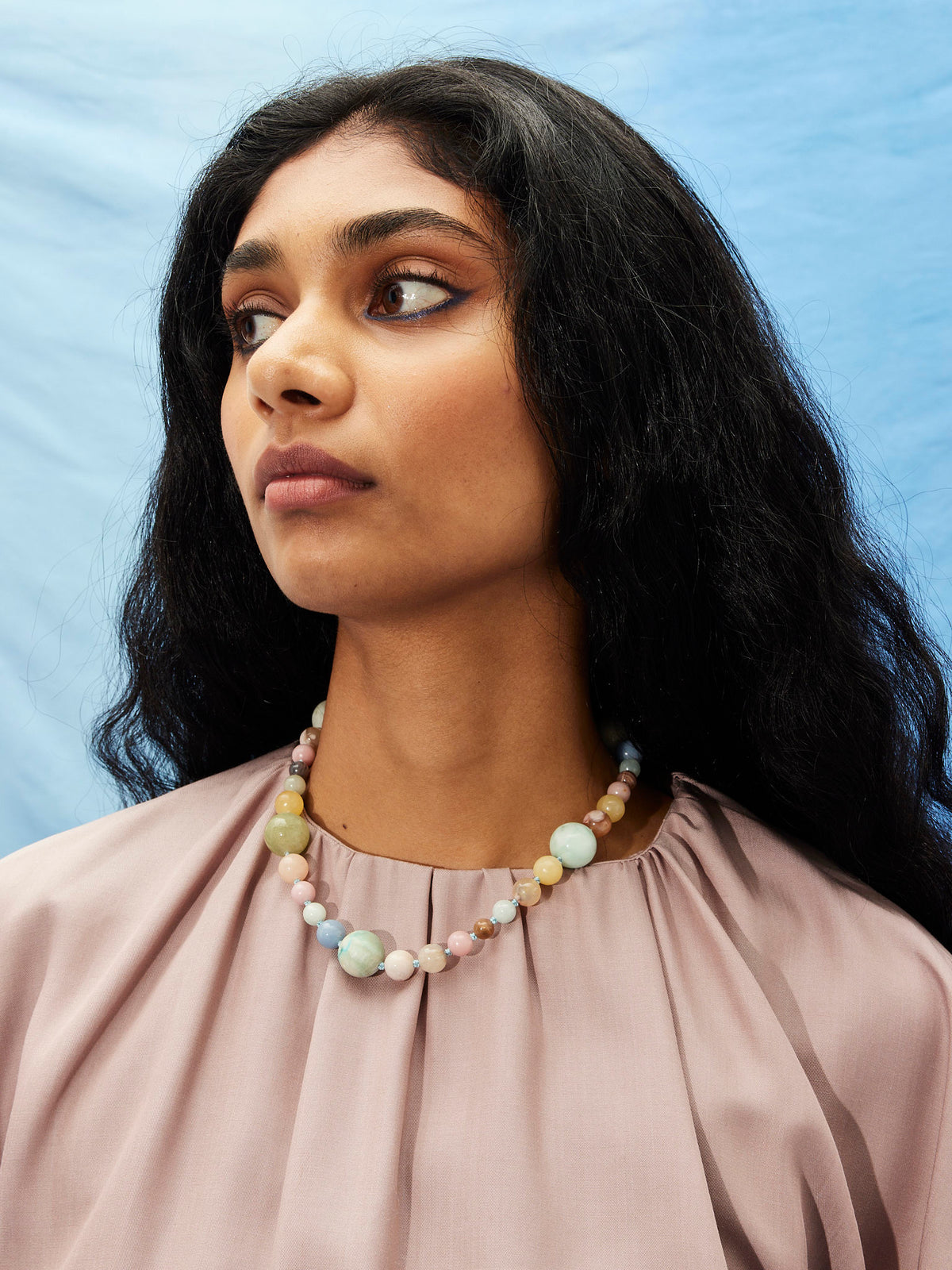 Ava Necklace, mixed gemstone necklace in green moonstone, aquamarine, pink opal, citrine and jade