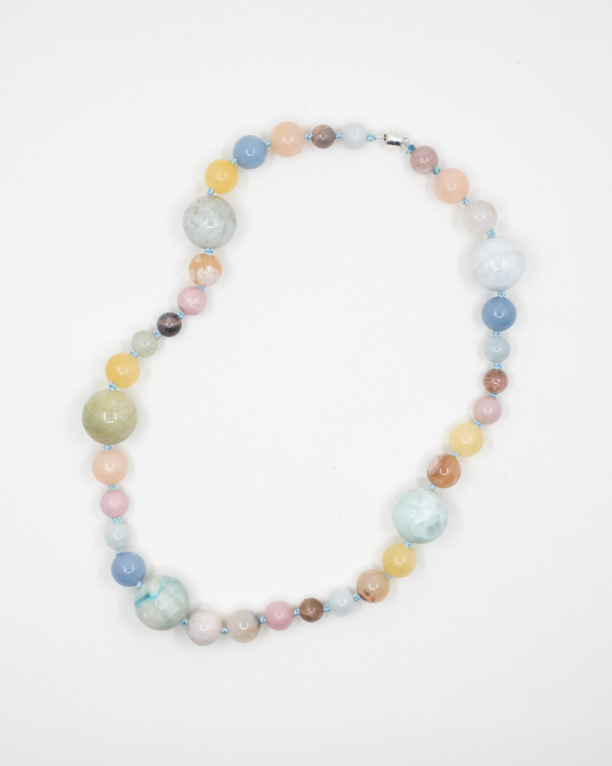 Ava Necklace, mixed gemstone necklace in green moonstone, aquamarine, pink opal, citrine and jade, handmade in Oslo