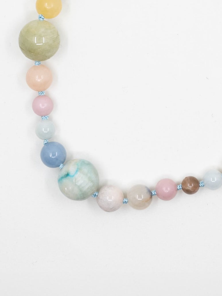 Ava Necklace, stone detail of the mixed gemstones on silk thread
