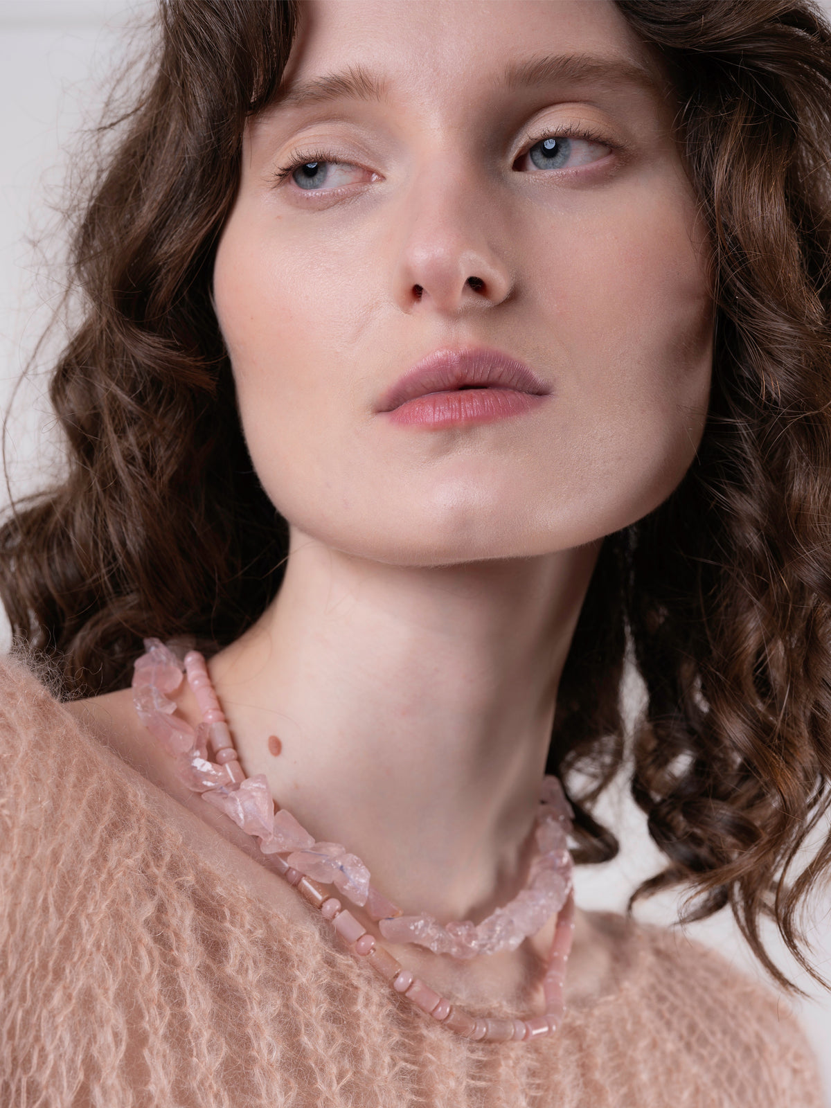 Hydrogen Necklace, freeform rose quartz necklace on lavender silk