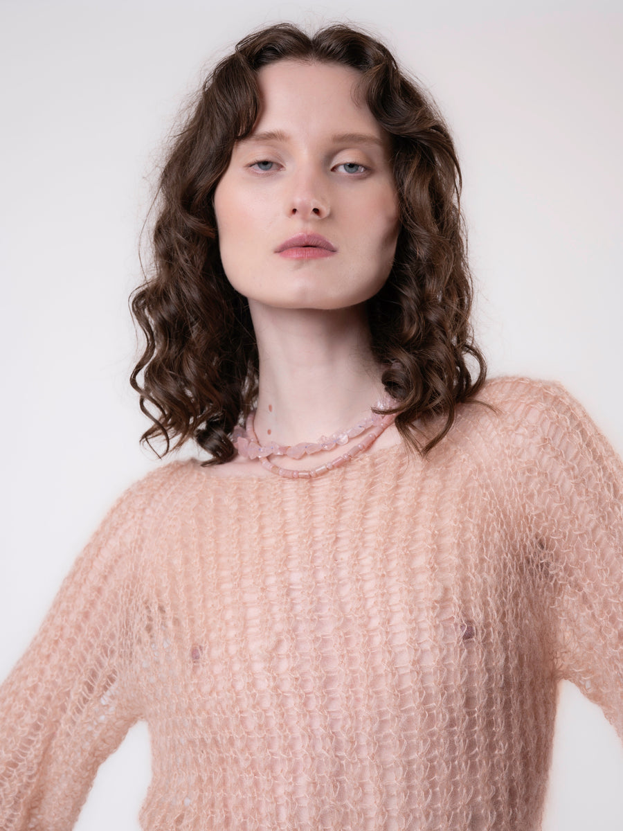 Hydrogen Necklace, freeform rose quartz necklace on lavender silk, handmade in Oslo