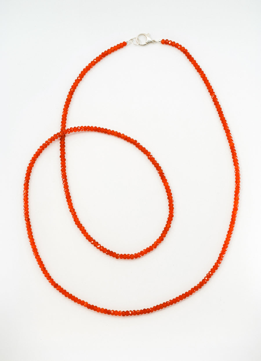 Red Halo Necklace, faceted orange-red agate long necklace, handmade in Oslo